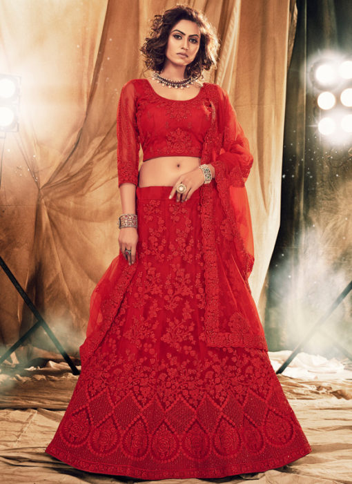 Heritage Red Net Designer Embroidered Work Wedding Lehenga Choli