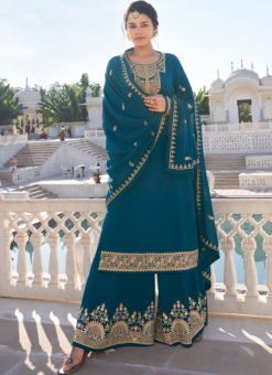 Teal Blue Designer Georgette Embroidered Work Semi Stitch Palazzo Suit