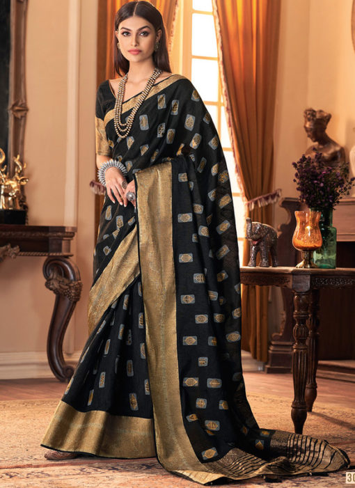 Black Silk Zari Weaving Designer Sangeet Saree