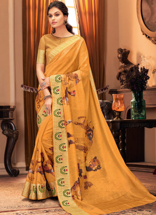 Yellow Digital Printed Designer Traditional Silk Saree
