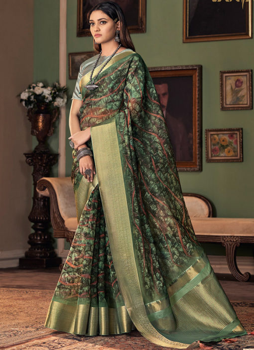 Green Silk Designer Digital Printed Party Wear Saree