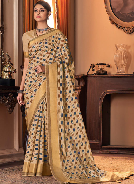 Cream Silk Printed Designer Traditional Saree