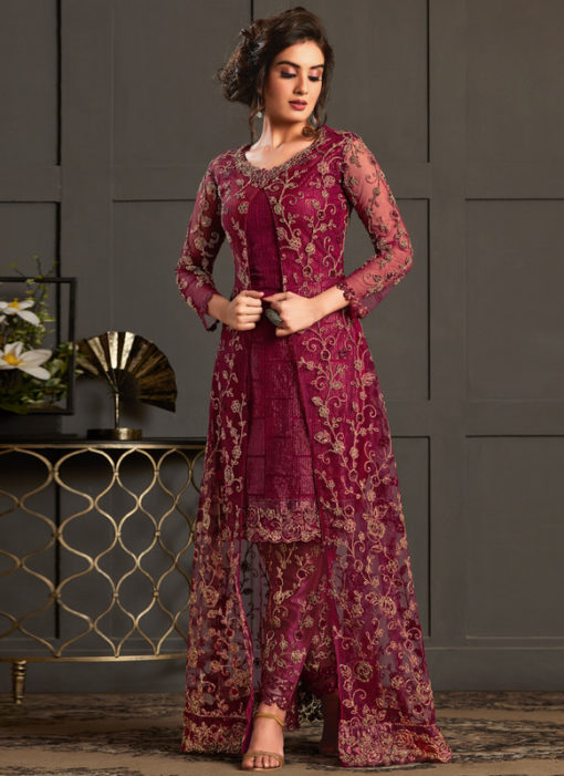 Magenta Net And Satin Designer Gliter Embroidered Work Salwar Suit