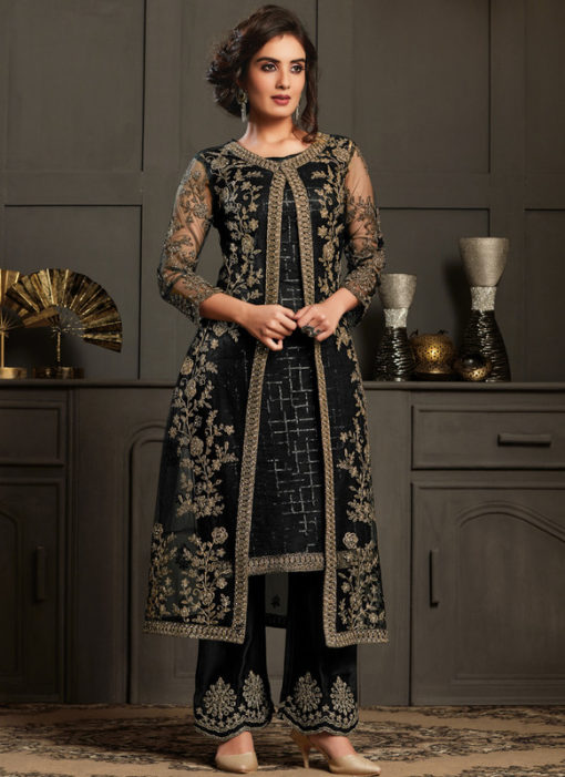 Black Net And Satin Gliter Embroidered Work Designer Salwar Suit