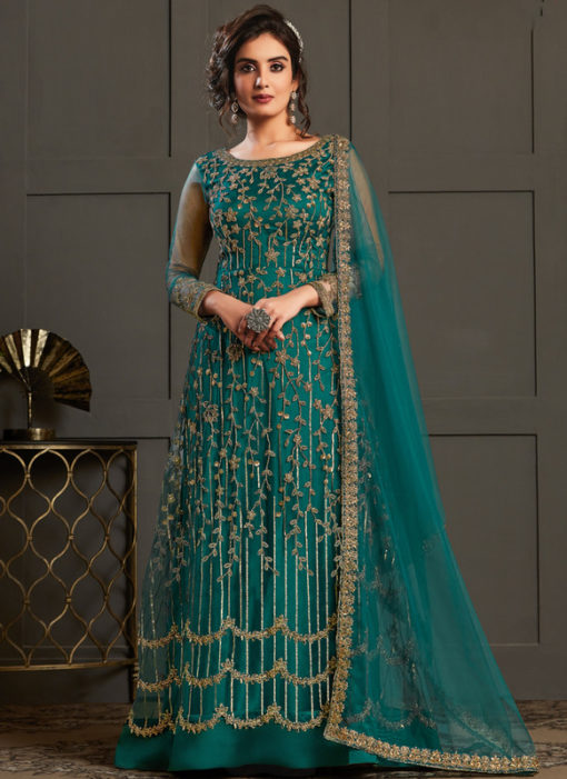 Rama Green Net And Satin Gliter Embroidered Work Designer Salwar Suit