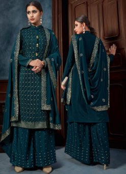 Teal Blue Chinnon Designer Handwork Party Wear Palazzo Suit