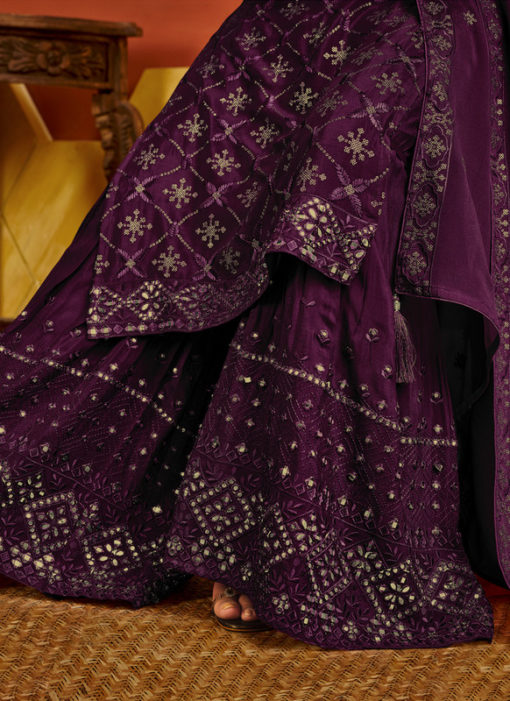 Purple Handwork Designer Party Wear Chinnon Palazzo Suit