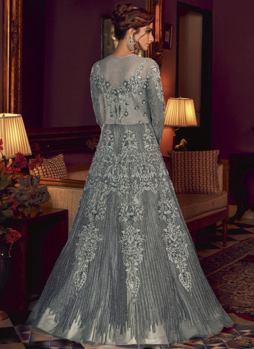 Swagat Grey Net Embroidered Work Designer Floor Length Anarkali Suit