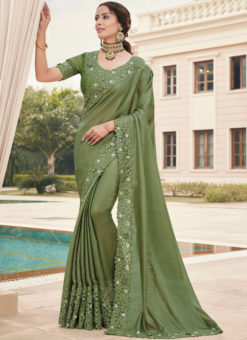 Mehendi Green Silk Embroidered Work Broder Designer Saree