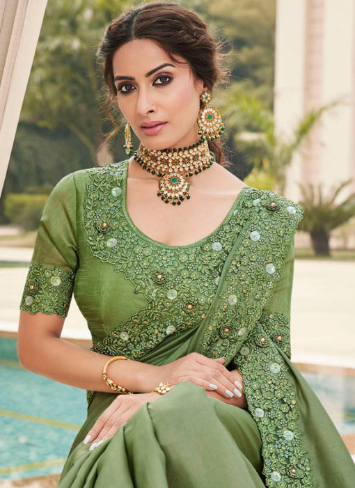 Mehendi Green Silk Embroidered Work Broder Designer Saree