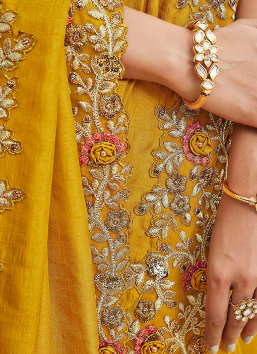 Yellow Silk Embroidered Work Broder Designer Saree