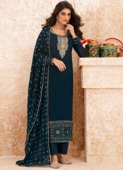 Teal Blue Embroidered Work Designer Georgette Salwar Suit
