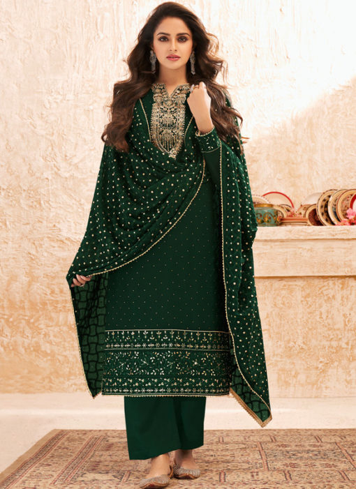 Green Designer Embroidered Work Party Wear Georgette Salwar Suit