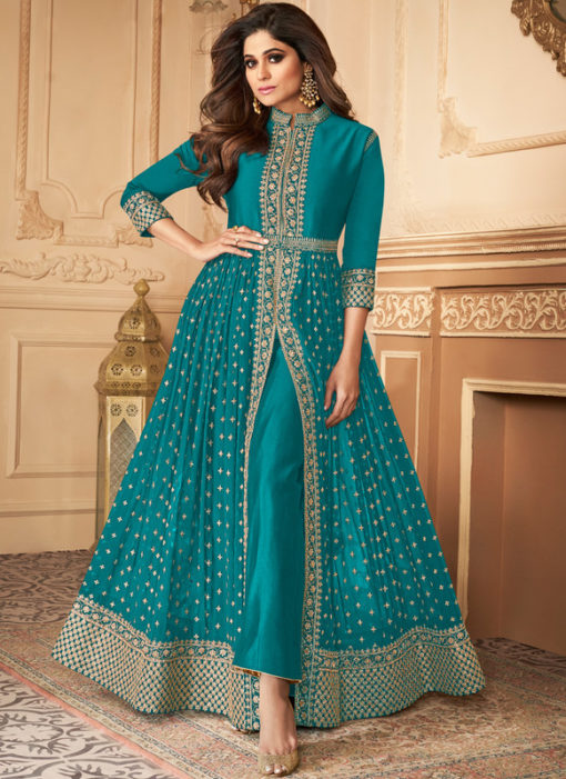 Anokhi Blue Party Wear Embroidered Work Georgette Anarkal Suit