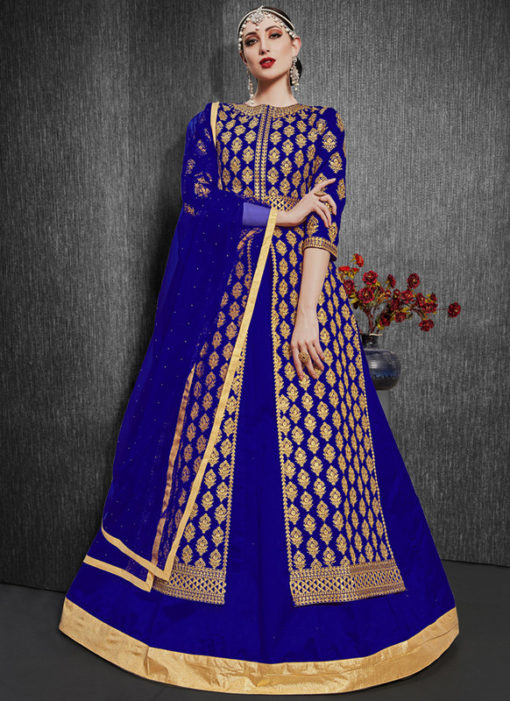Blue Zari Weaving Designer Party Wear Silk Lehenga Choli