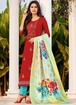Party Wear Red Cotton Embroidered Work Casual Wear Salwar Suit