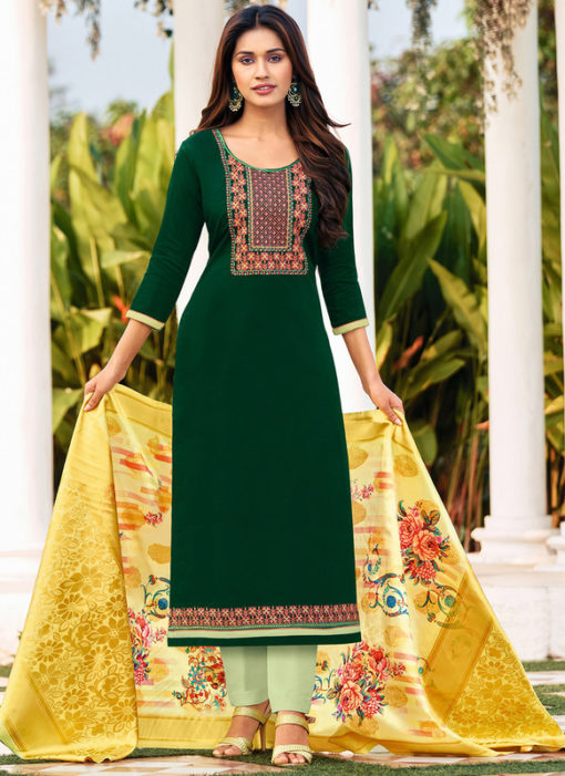 Green Cotton Party Wear Cotton Embroidered Work Salwar Suit