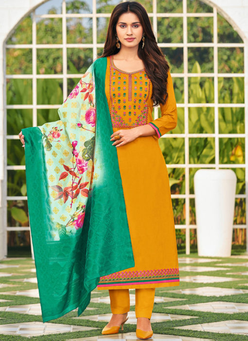 Embroidered Work Cotton Party Wear Yellow Salwar Suit