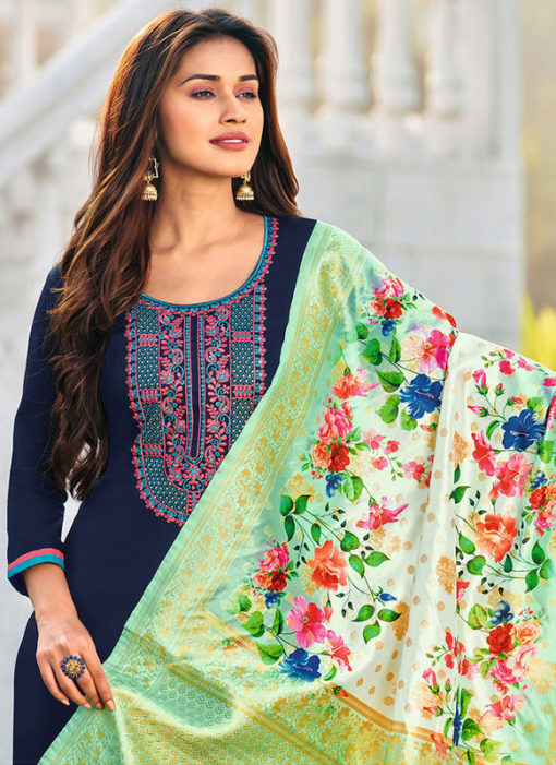 Cotton Embroidered Work Party Wear Blue Salwar Suit