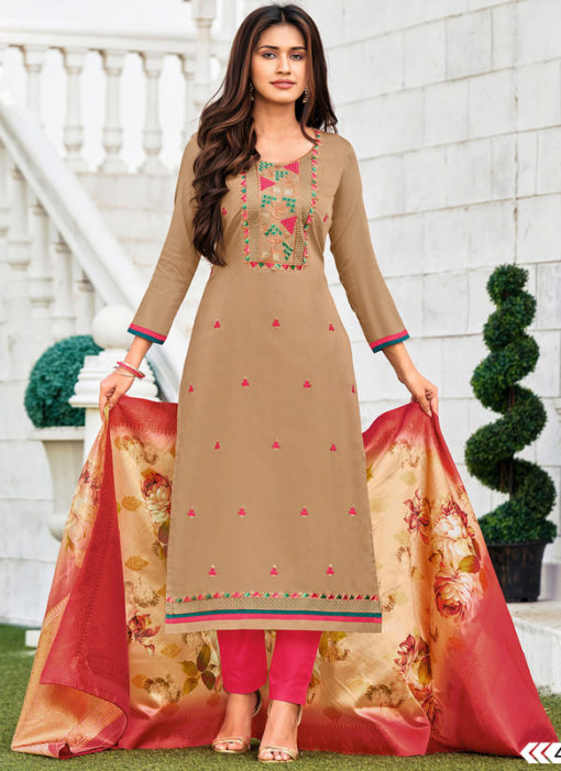 Beige Cotton Party Wear Embroidered Work Salwar Suit