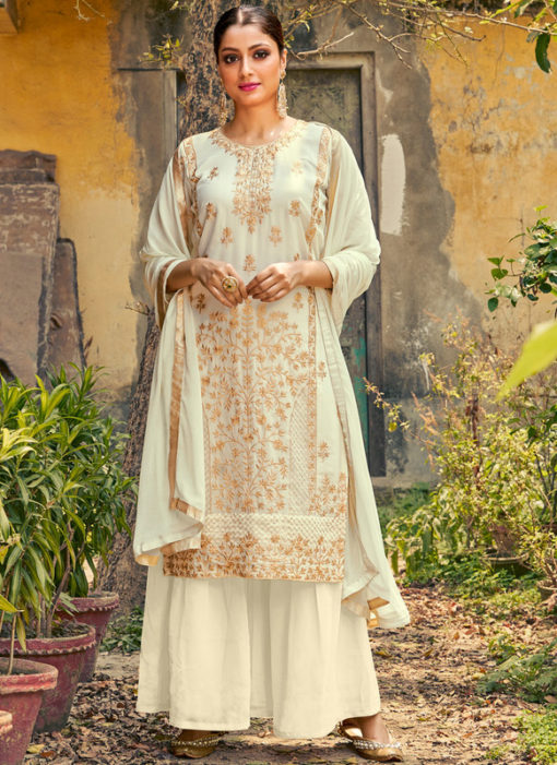 White Georgette Embroidered Work Party Wear Designer Palazzo Suit
