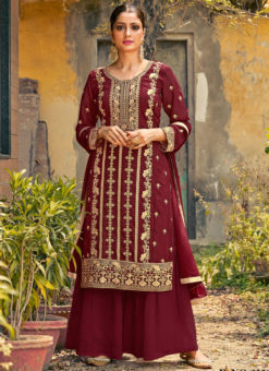 Designer Embroidered Work Maroon Party Wear Georgette Palazzo Suit