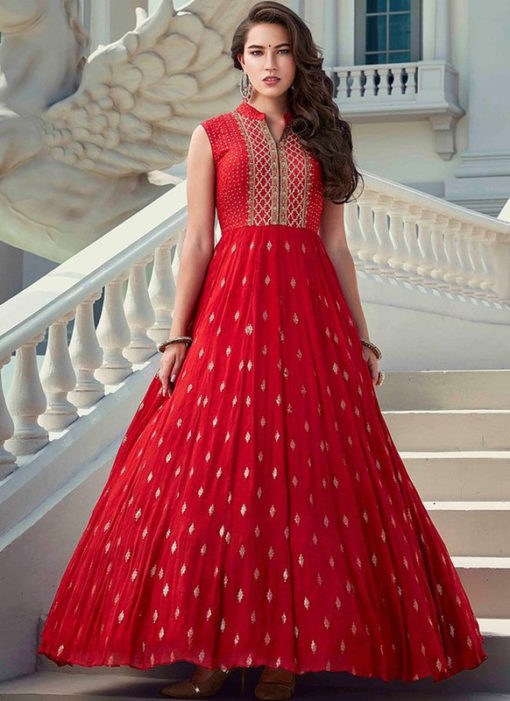 Red Designer Embroidered Work Party Wear Georgette Gown