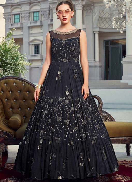 Navy Blue Chinon Party Wear Embroidered Work Designer Gown
