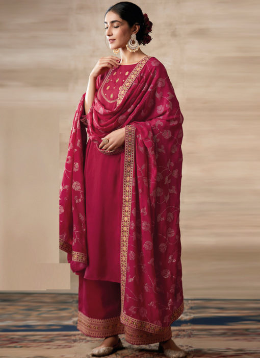 Partywear Designer Embroidery Rich Red Heavy Chinon Salwar Suit