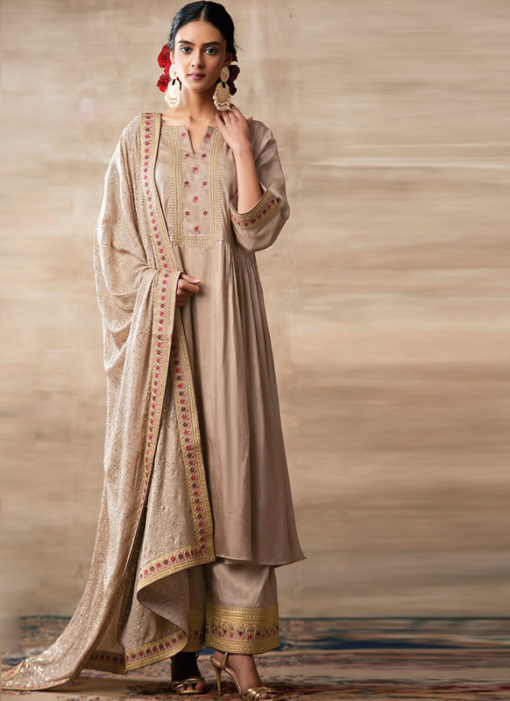 Partywear Designer Embroidery Cream Heavy Chinon Salwar Suit