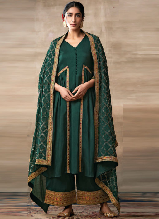 Partywear Designer Embroidery Green Heavy Chinon Salwar Suit