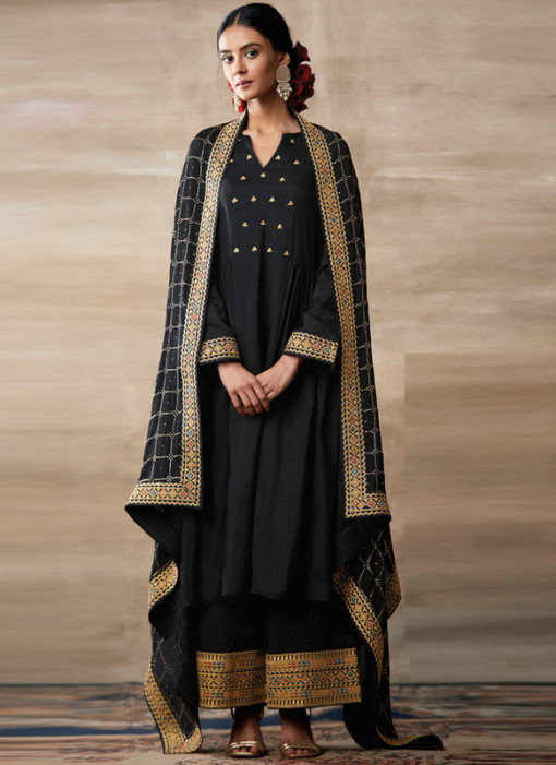 Partywear Designer Embroidery Black Heavy Chinon Salwar Suit