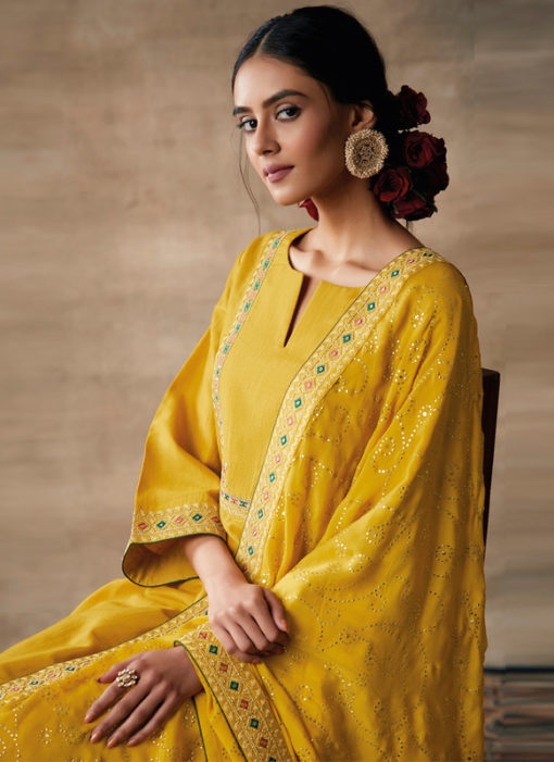 Partywear Designer Embroidery Yellow Heavy Chinon Salwar Suit