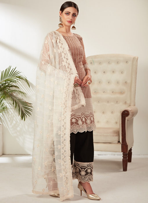 Beige Designer Embroidered Work Party Wear Net Pakistani Suit