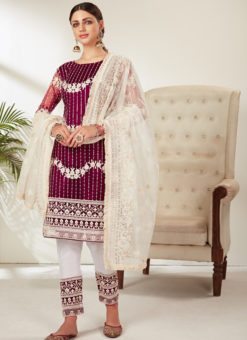 Party Wear Embroidered Work Designer Magenta Net Pakistani Suit