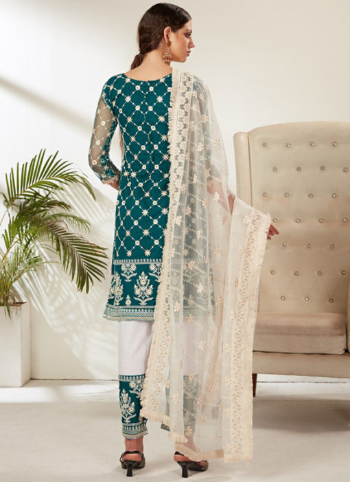 Sea Blue Net Embroidered Work Designer Pakistani Suit