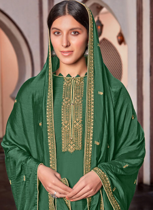 Cotton Silk Green Embroidered Work Designer Party Wear Salwar Kameez