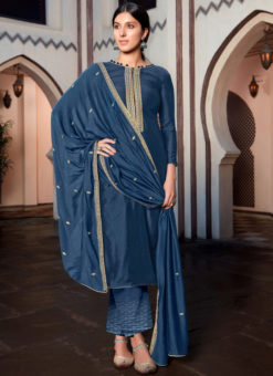 Blue Cotton Silk Designer Embroidered Work Party Wear Salwar Kameez