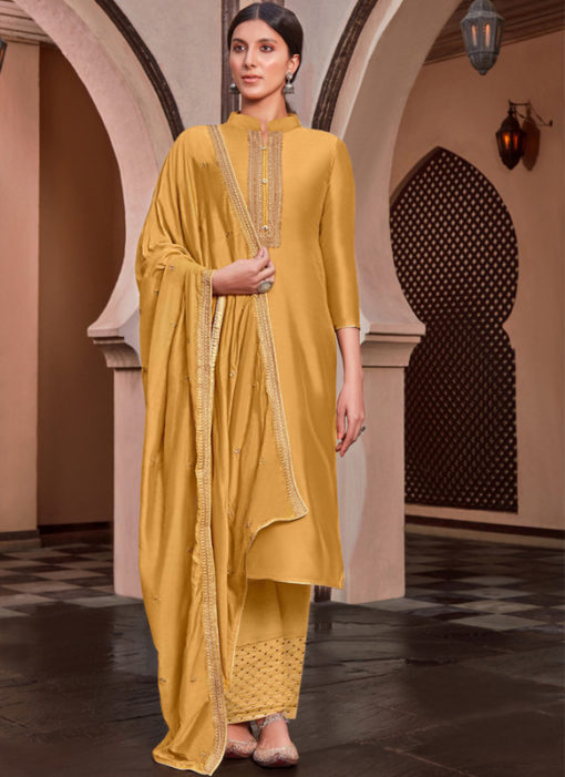 Cotton Silk Embroidered Work Designer Party Wear Yellow Salwar Kameez