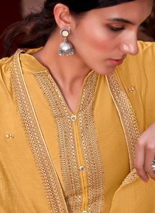 Cotton Silk Embroidered Work Designer Party Wear Yellow Salwar Kameez