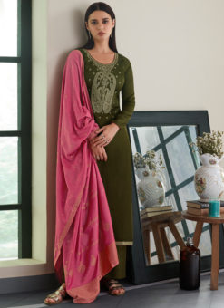 Mehendi Green Silk Designer Embroidered Work With Banarasi Dupatta Salwar Kameez