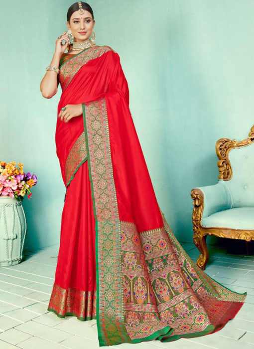 Red Kashmiri Wevon Work Silk Traditional Saree
