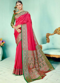 Pink Kashmiri Wevon Work Silk Traditional Saree