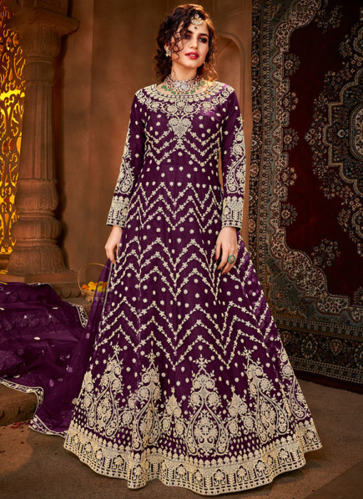 Wine Embroidered Work Designer Net Wedding Anarkali Suit