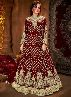 Wedding Maroon Embroidered Work Designer Net Anarkali Suit