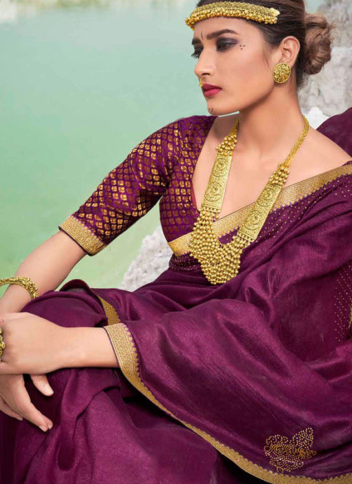 Designer Lace with Siroski Stone Party Wear Wine Vichitra Silk Saree