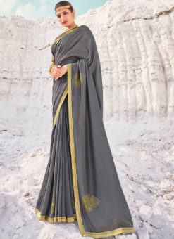 Designer Lace with Siroski Stone Party Wear Vichitra Silk Grey Saree