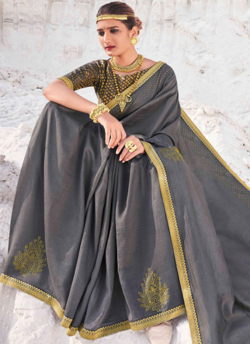 Designer Lace with Siroski Stone Party Wear Vichitra Silk Grey Saree