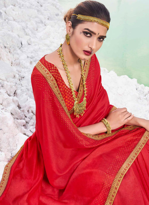 Designer Lace with Siroski Stone Party Wear Vichitra Silk Maroon Saree