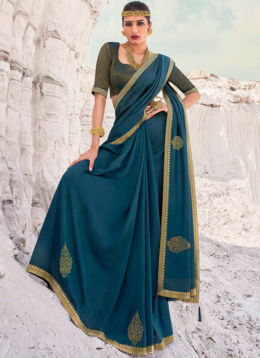 Designer Lace with Siroski Stone Party Wear Vichitra Blue Silk Saree